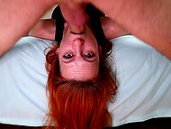 Red Angeell swallows the whole dick while deepthroating a guy and gets loads of cum on her face 5