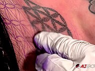 Drucilla Moon received another one neck tattoo and indulged in a double blowjob with a tattoo master and his friend 7