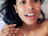 Cute brunette Eva Rmirezz plays with her smooth pussy while giving morning JOI 11