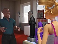 3D animation buxom blonde can't help having multi-hole debauchery with dicks, dildos and lezzies 4
