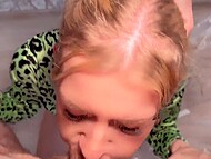 Sweet blonde Paradise Jessie chookes on cock while giving hardcore milky blowjob 7