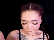 Tatted Asian girl Kwini Kim wraps her lips around Tim Deen's thick pecker and rides him with her shaved cunt 5