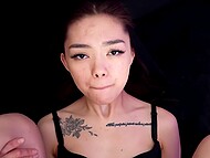 Tatted Asian girl Kwini Kim wraps her lips around Tim Deen's thick pecker and rides him with her shaved cunt 6