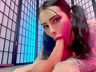 Inked anime girl Chrysipusya delights in yielding to a towering dildo and receives a shower of spooge 4