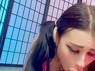 Inked anime girl Chrysipusya delights in yielding to a towering dildo and receives a shower of spooge 5
