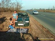 Totally shameless babe sucks her lover's dick and gets cum on face on the highway 10