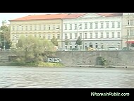 Brown-haired slut sucks and endures intense pussy penetration in public 8