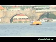 Brown-haired slut sucks and endures intense pussy penetration in public 9