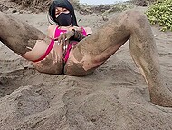 Dirty Latina whore LaChicaSpider spreads legs and flashes her cunt on the beach 7