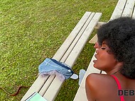 Shameless Ebony with big tits pays the debt with her own cunt in a public place 7