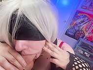 Buxom cosplay tart Scruppy97 gets blindfolded and warps her lips around the guy's dick 9