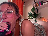 Babe with glasses Elle Marz pays her daddy's debt with her own pussy during a role play masturbation 4