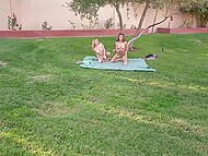 Sporty babes Angel Smalls and Rebel Lynn share a stiff dick penetrating their assholes in turns  9