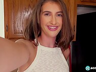 Slim Latina wench strips naked and makes herself cum when masturbating in the kitchen 11