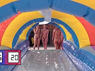 Three nude oiled-up lesbians get to the dry pool to masturbate with a huge dildo 5