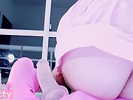 Pig-tailed blonde Kyutty succumbs to a colossal silicone dick swooning on sucking skills 11