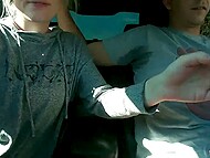 Lecherous blonde girlfriend stokes and sucks her man in the car on a public road 4