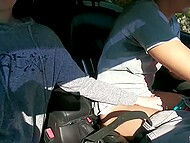 Lecherous blonde girlfriend stokes and sucks her man in the car on a public road 6