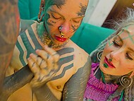 Inked whores Anuskatzz and Lily Lu having their first time anal sex with a transsexual lover 4