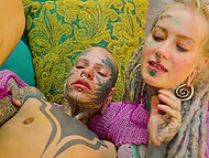 Inked whores Anuskatzz and Lily Lu having their first time anal sex with a transsexual lover 6