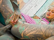 Inked whores Anuskatzz and Lily Lu having their first time anal sex with a transsexual lover 8