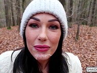 Naughty German girl Shaiden Rogue sucking and swallowing in the woods, POV 11