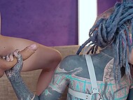Extreme spanking of heavily tattooed Anuskatzz, followed by messy BJ, then insertion two dicks into her anus 4