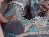 Extreme spanking of heavily tattooed Anuskatzz, followed by messy BJ, then insertion two dicks into her anus 8