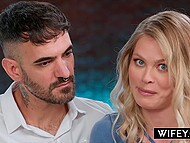 Humiliated cuckold husband gazes upon his wife and holds her hand as she swallows another man's huge BBC 4