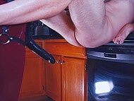 Cosmicbroccoli straps on a leg harness and leggings for a steamy kitchen encounter, pegging her submissive hubby Aiden on the counter 11