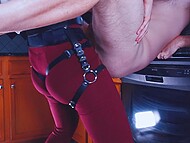 Cosmicbroccoli straps on a leg harness and leggings for a steamy kitchen encounter, pegging her submissive hubby Aiden on the counter 9
