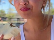 Asian blonde Chloe Surreal takes every drop of cum on her colossal tits after giving blowjob 5