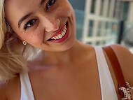 Asian blonde Chloe Surreal takes every drop of cum on her colossal tits after giving blowjob 7