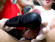 Dominating Asian nurse Salome Salvi and her girlfriend give a blowjob and sounding to an unlucky slave 11