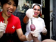 Dominating Asian nurse Salome Salvi and her girlfriend give a blowjob and sounding to an unlucky slave 6
