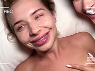 Californiababe and her GF get naked to give a double blowjob behind the scenes 11