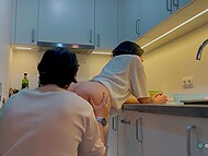 He spied on his sexy stepsister Eva Soda and fucked her quietly in the kitchen 5