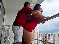 Latina MILF Povsexygirl hikes up a red dress to have her anus banged on the balcony 9