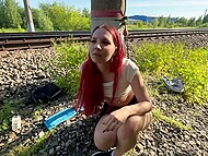 Submissive spouse moans when being spanked and fisted by ZLOY Andrey at public subway station 11