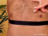 Perverted waiter was taken aback by surprise when Lady Sonia and her shemale GF started torturing him 6