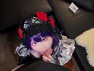 Japanese cosplay doll JiJiaoLian plays with her snatch before blowing a guy 7