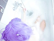 Skinny with violet wig goes to bathroom and deletes all the hair on her legs and pussy 7