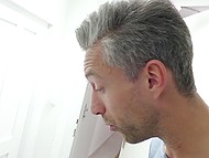 Cute girl requires electrician to take cock out so that she can give him a blowjob 7