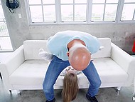 Sensuous girl relaxes with fucker when he licks her shaved snatch in various poses 9