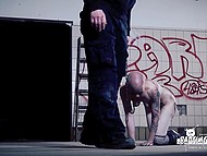 Bald girl with flexible waist is shackled and can't resist the hefty man teasing her 4