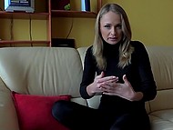 Good-looking Ukrainian blonde undresses and toys own bald pussy till achieving so desired orgasm 4