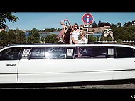 Playful teens run around city and flash tits then drinking sperm-looking milk in the limo 10