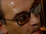 Older boss lights cigar and makes his obedient maid suck him off in the porn parody 6