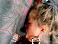 Totally tattooed guy gives the girl a cock ride after she masturbates and sucks his thick penis 9