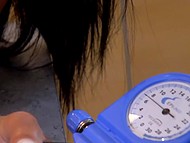 Raven-haired charmer with a tanned body comes to the kitchen and tests a new sex toy 8